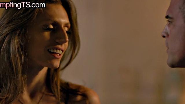 Busty trans babe with pierced nipples fucks BF's tight asshole