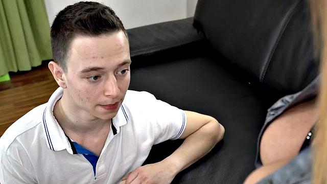 Busty bigass cougar redhead fucked by stud on the couch