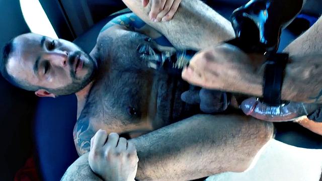 Fisting gaydaddy in gloves fucks ass with fist in van