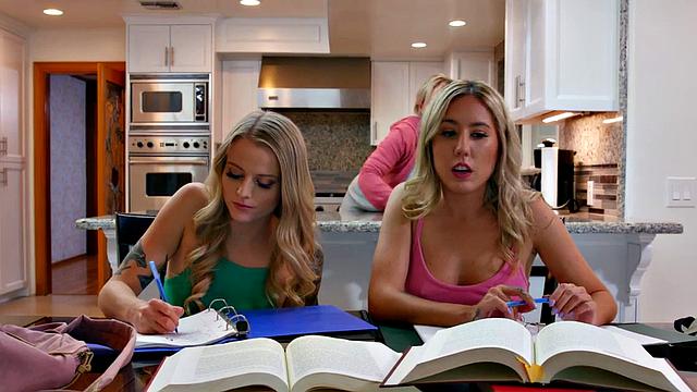 Busty stepmom licks stepdaughter's pussy before scissoring