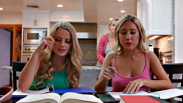 Busty stepmom licks stepdaughter's pussy before scissoring