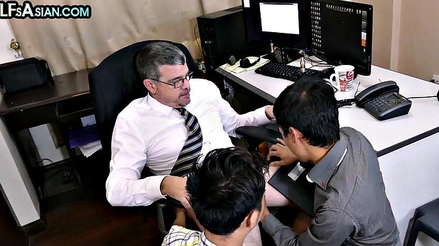 Mature boss assfucking Asian workers after blowjob