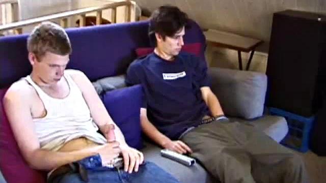 Christian and Jayden drop their pants and pull their dicks out. Whacking away, Christian keeps looking over at Jayden, clearly wanting to take matters into his own hands.