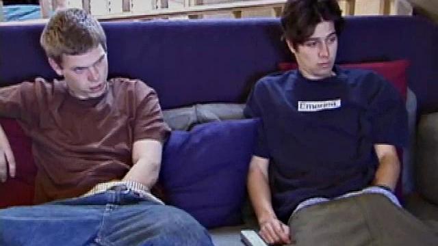 Christian and Jayden drop their pants and pull their dicks out. Whacking away, Christian keeps looking over at Jayden, clearly wanting to take matters into his own hands.