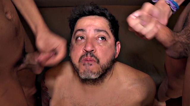 Chubby Latin barebacked in 3some by skinny twinks