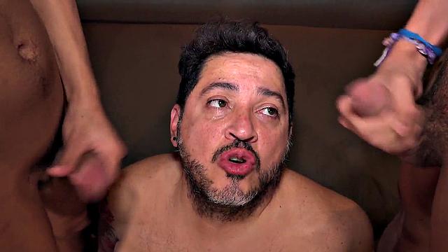 Chubby Latin barebacked in 3some by skinny twinks