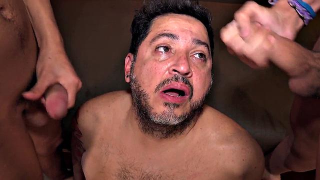 Chubby Latin barebacked in 3some by skinny twinks