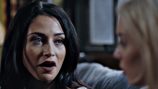 Lesbian babes enjoy passionate analtoying on couch