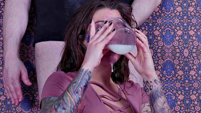 Tattooed submissive throat fucked