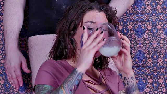 Tattooed submissive throat fucked