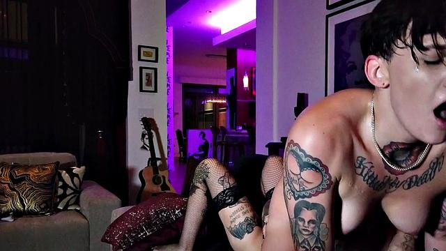 Curvy alt girlfriend dominates with strapon while her boyfriend watches