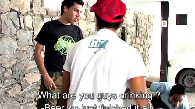 Alex finds his friends doing some car repairs and suggests they take a break. The trio moves indoors, where the horny bottom soon has Oscar and Sergio watching porn.