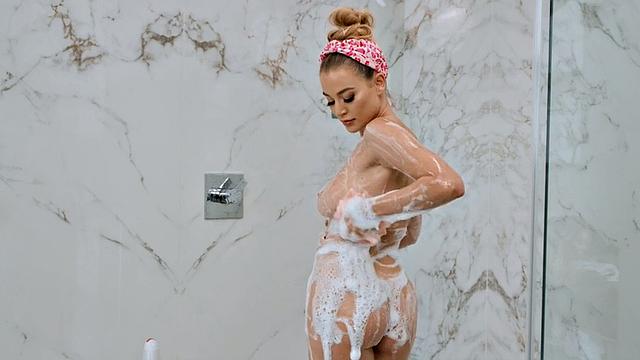 Big-titted babes scissor in shower after soapy shower, then finger blast each other in the bathroom