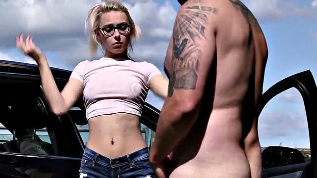 Outdoor voyeur babe teasing after car ride