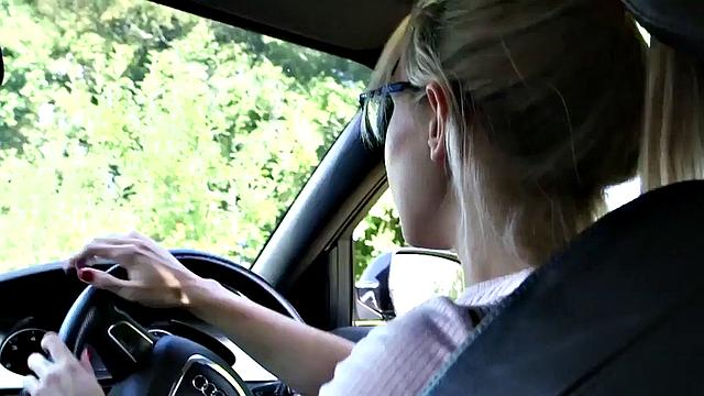 Outdoor voyeur babe teasing after car ride