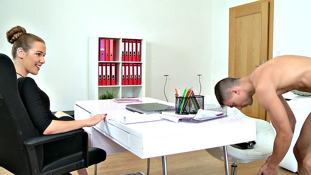 Horny blonde agent craves deep penetration from athletic stud