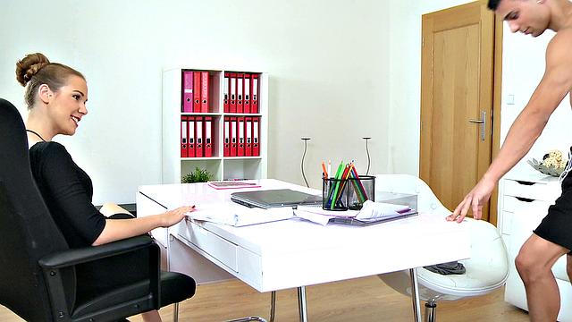 Horny blonde agent craves deep penetration from athletic stud