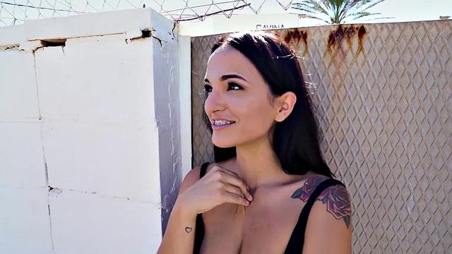 Public banging of tattooed brunette after casting ends in deep doggystyle penetration