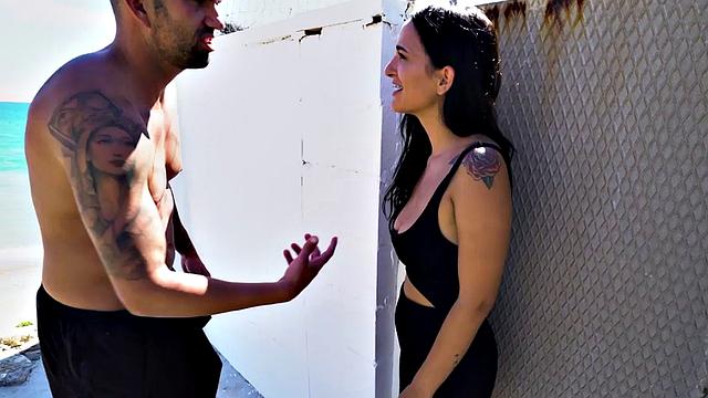 Public banging of tattooed brunette after casting ends in deep doggystyle penetration