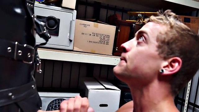 Pawnshop bottom fucked in latex stockroom by owners