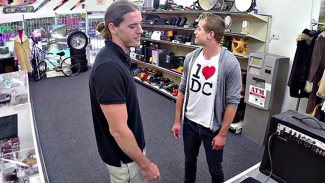 Pawnshop bottom fucked in latex stockroom by owners