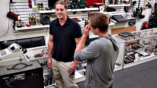 Pawnshop bottom fucked in latex stockroom by owners