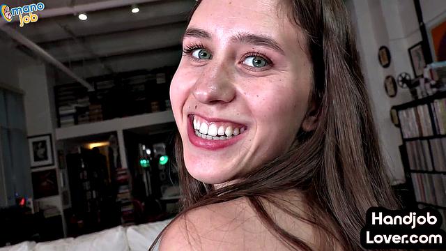 Nasty petite jerking huge cock