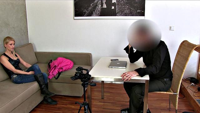 Slim Blonde Gets Agent's Cum All Over Her Pretty Mouth