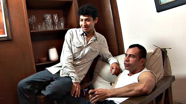 Yago walks in on Horatio, who is horny from watching porn. The young man can't wait to get some mature cock up his Latin ass, and soon both are stripping down to their underwear.