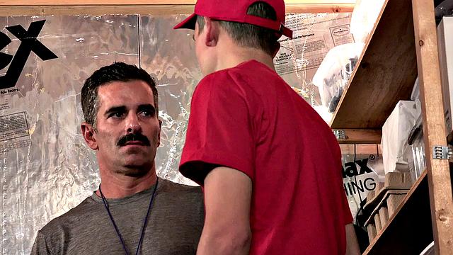 Handsome gaydaddy barebacked by 21yo in stockroom