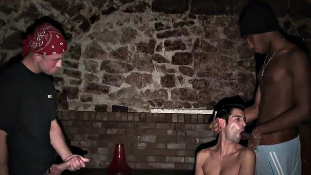 Skinny assfucked twink sucks black and white cock in threesome