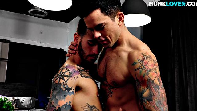 Tattooed hunk barebacks inked bottom BF till load