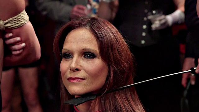 Blonde babe tied up and toyed in public while enjoying kinky sex-toys