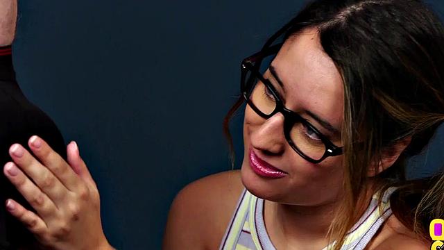 CFNM amateur with glasses sucks cock till cumshot