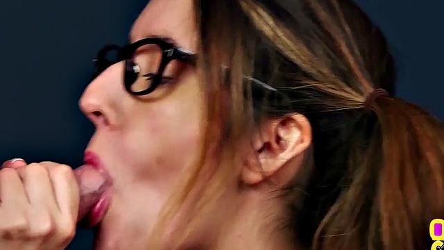 CFNM amateur with glasses sucks cock till cumshot