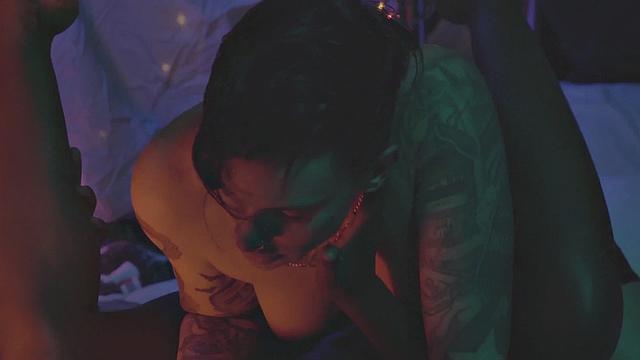 Ebony babe strapon fucked by tattooed GF after licking