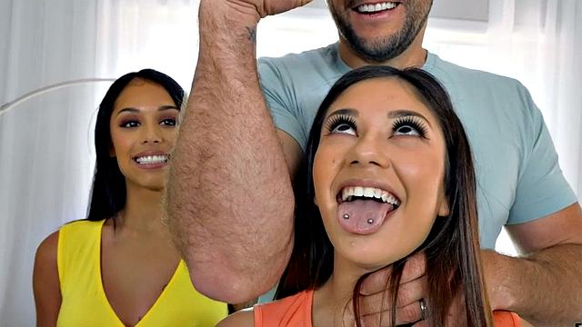 Petite bitches penetrated in threesome by big white dick