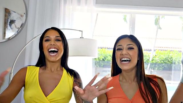 Petite bitches penetrated in threesome by big white dick