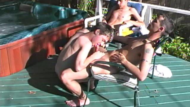 Gage Powers is outside lounging around by the hot tub, with his cute friends Bradley and Trey. The boys are just hanging out and trying to think of what to do when Bradley initiates and comes on to Gage.
