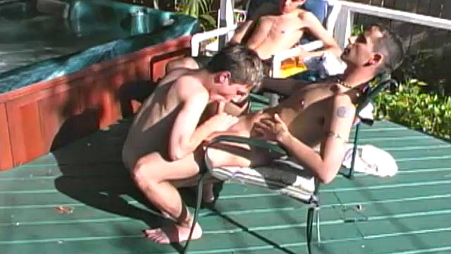 Gage Powers is outside lounging around by the hot tub, with his cute friends Bradley and Trey. The boys are just hanging out and trying to think of what to do when Bradley initiates and comes on to Gage.