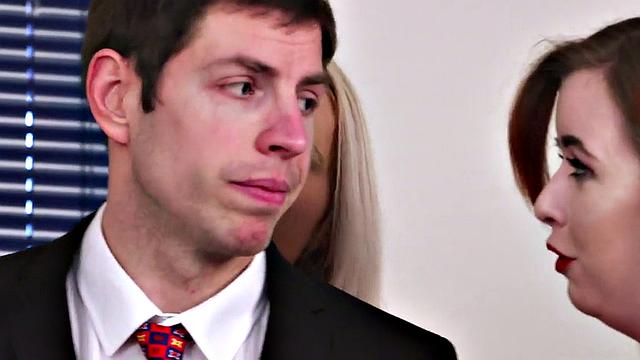 CFNM femdoms in stockings n heels suck guy in office group