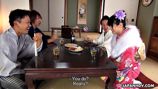 Kimono lady Tsuna Kimura fucked by three men