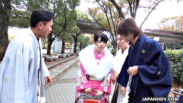 Kimono lady Tsuna Kimura fucked by three men