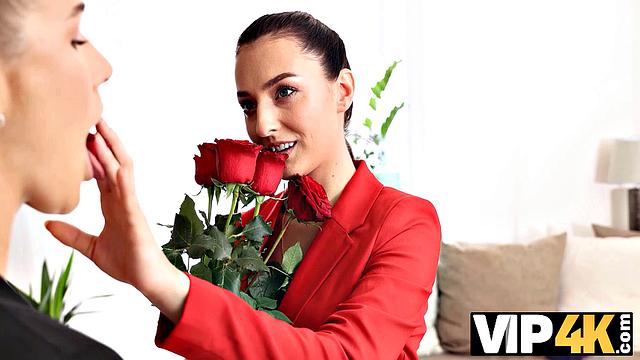 VIP4K. Using a hard dildo two lesbians reach hot orgasms