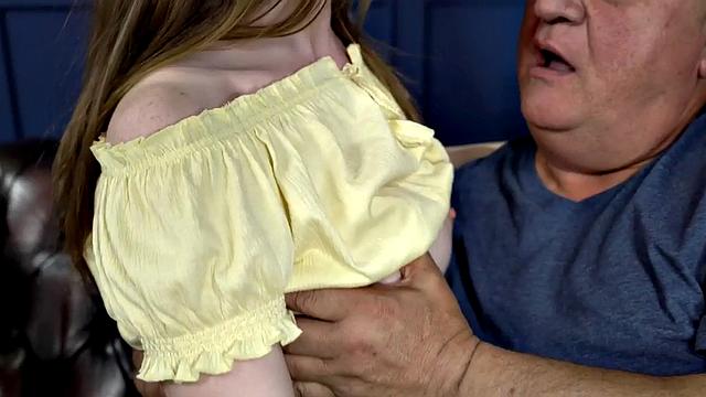 Grandpa having a great time with 21yo on the sofa