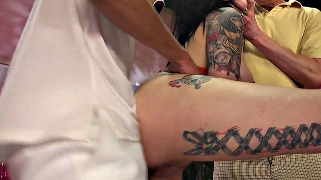 IR gangbang tattooed babe in rough action for bukkake