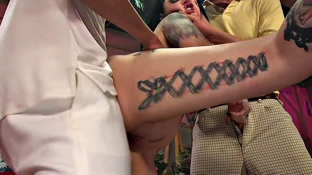 IR gangbang tattooed babe in rough action for bukkake