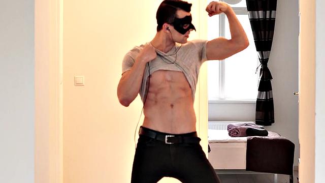 Masked handsome guy wanks hard dick in the kitchen