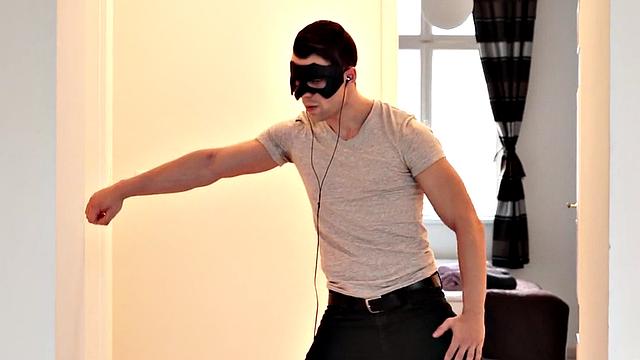 Masked handsome guy wanks hard dick in the kitchen