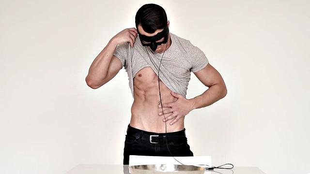 Masked handsome guy wanks hard dick in the kitchen